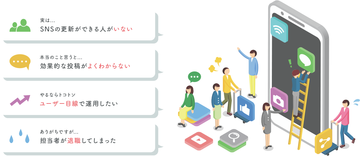実は...SNSの更新ができる人がいない 本当のこと言うと...効果的な投稿がよくわからない やるならトコトンユーザー目線で運用したい ありがちですが...担当者が退職してしまった